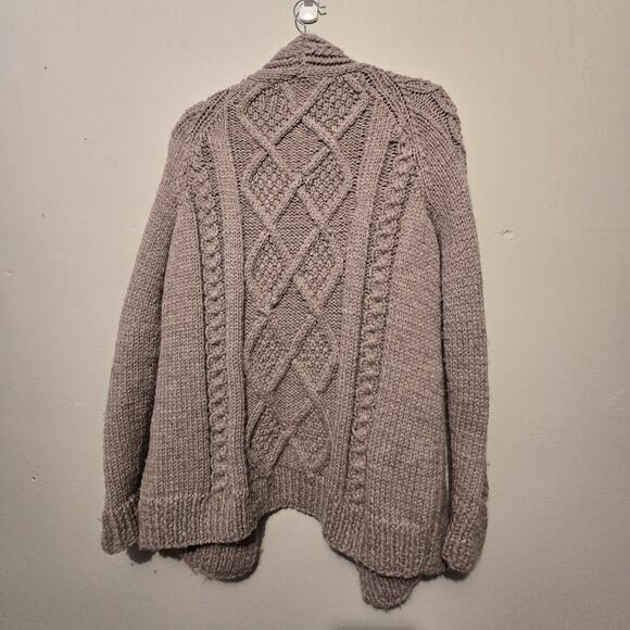 Handmade Cable Knit Cardigan Sweater Womens L XL Taupe Bespoke Preppy Fisherman - Picture 6 of 10